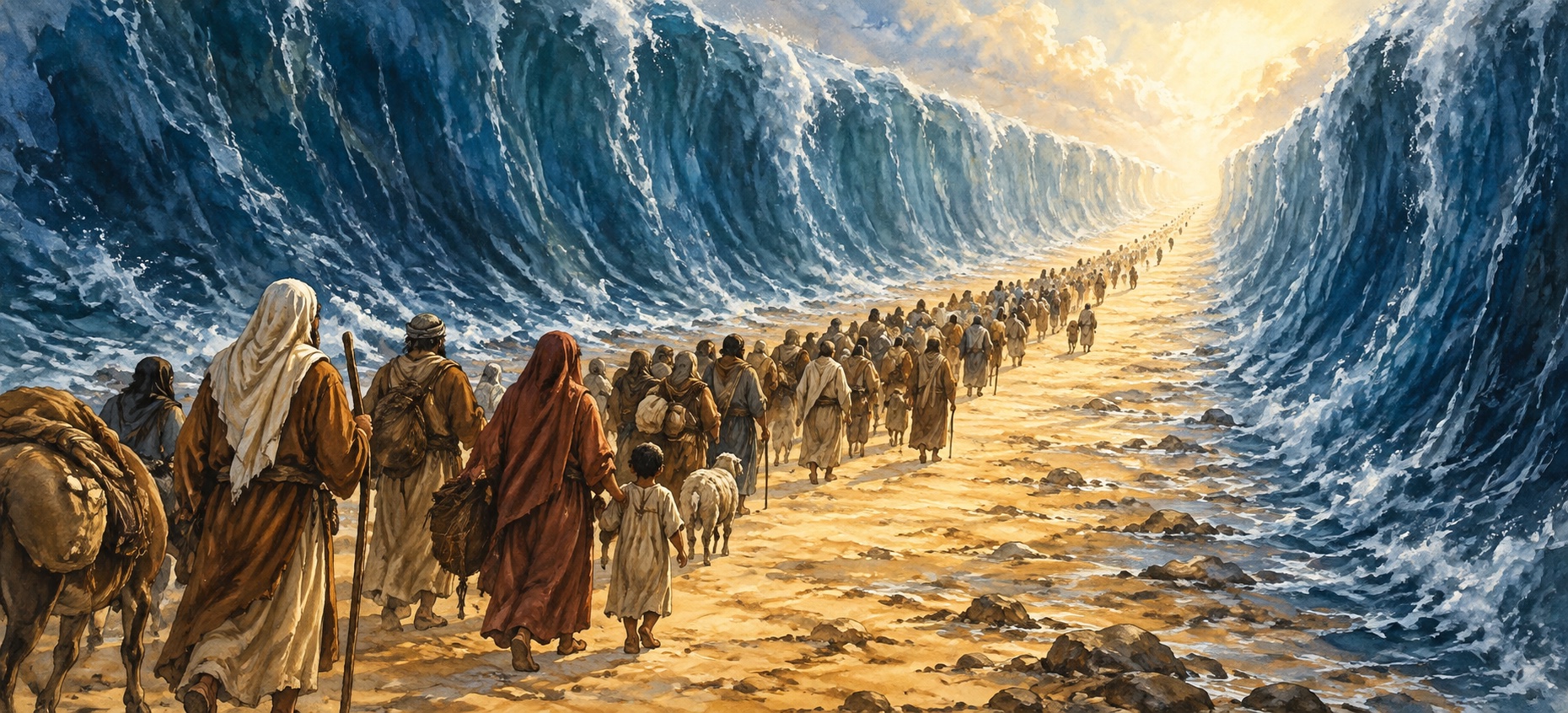 Israelite families walking through the parted Red Sea.