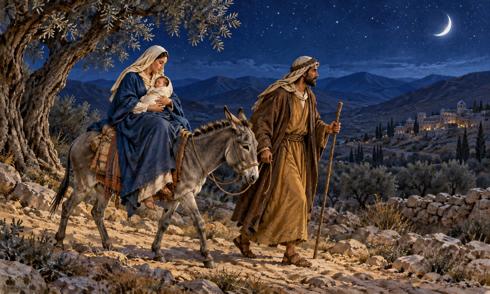 Artist’s reconstruction of Mary holding the young child on a donkey while Joseph leads them along a rocky path beneath a crescent moon.
