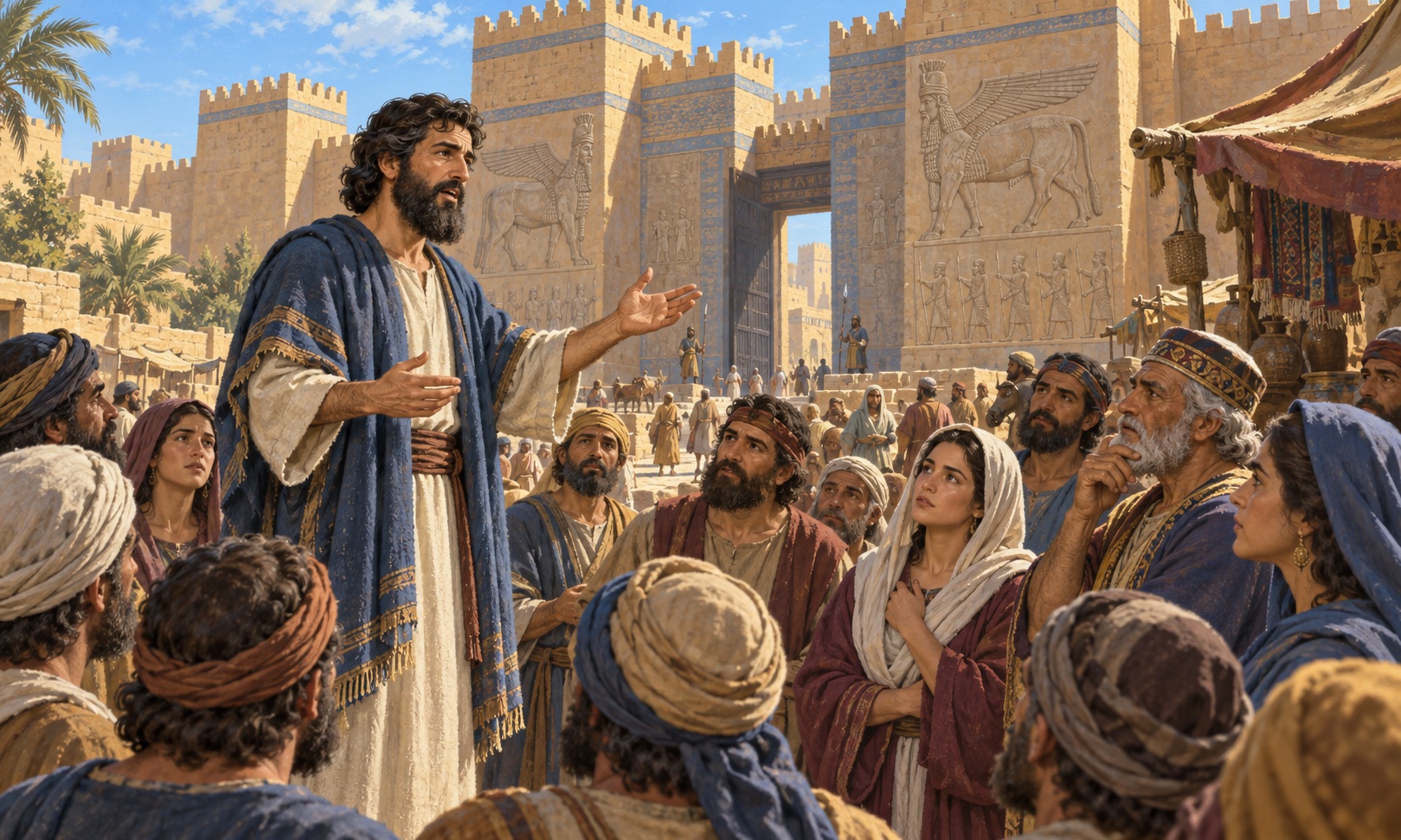 Artist’s reconstruction of Jonah addressing people beside the monumental gates of Nineveh.