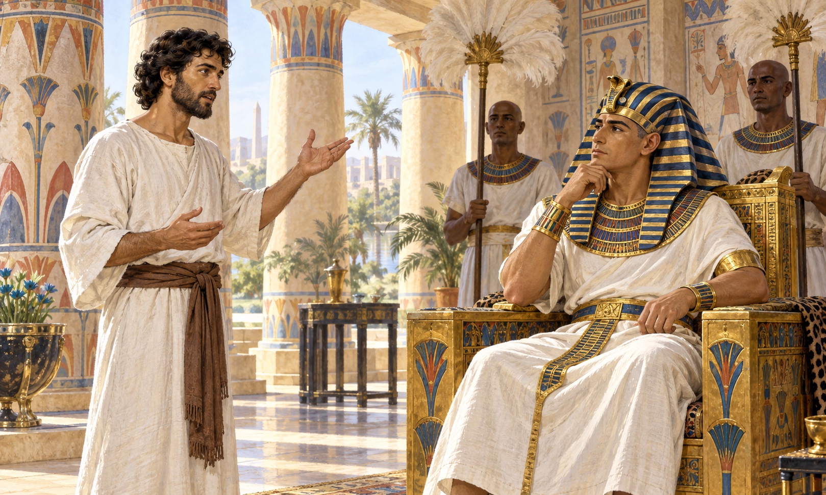 Artist’s reconstruction of Joseph explaining dreams to Pharaoh in a columned Egyptian court.