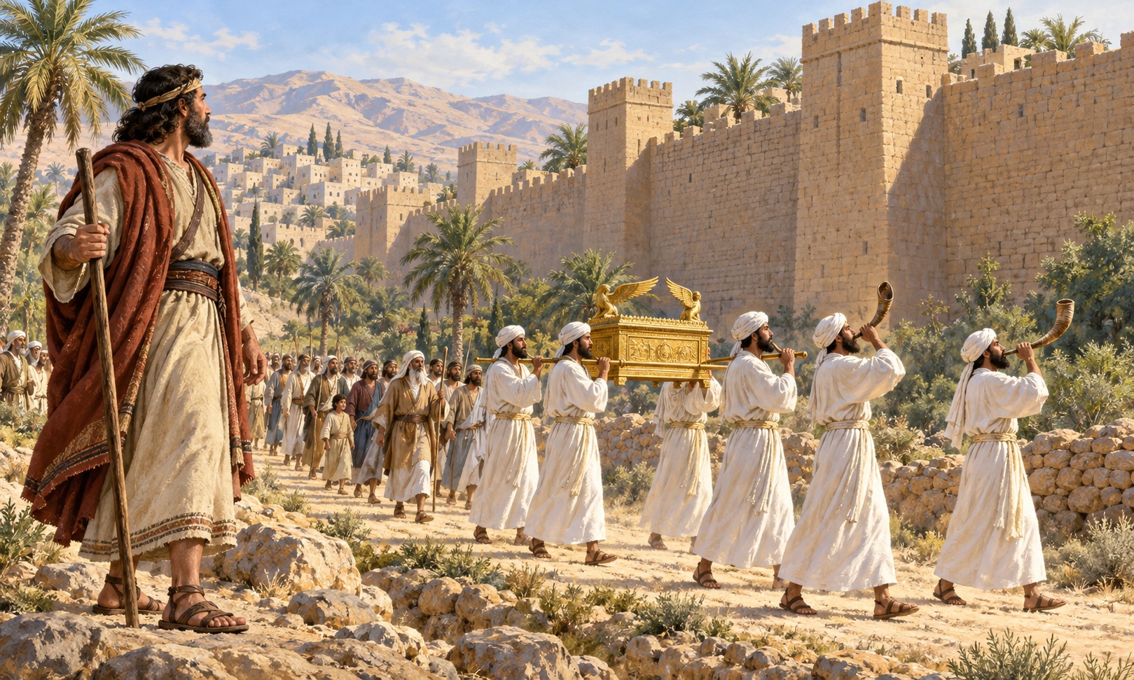 Artist’s reconstruction of Joshua watching priests carry the ark and sound trumpets beside Jericho’s walls.