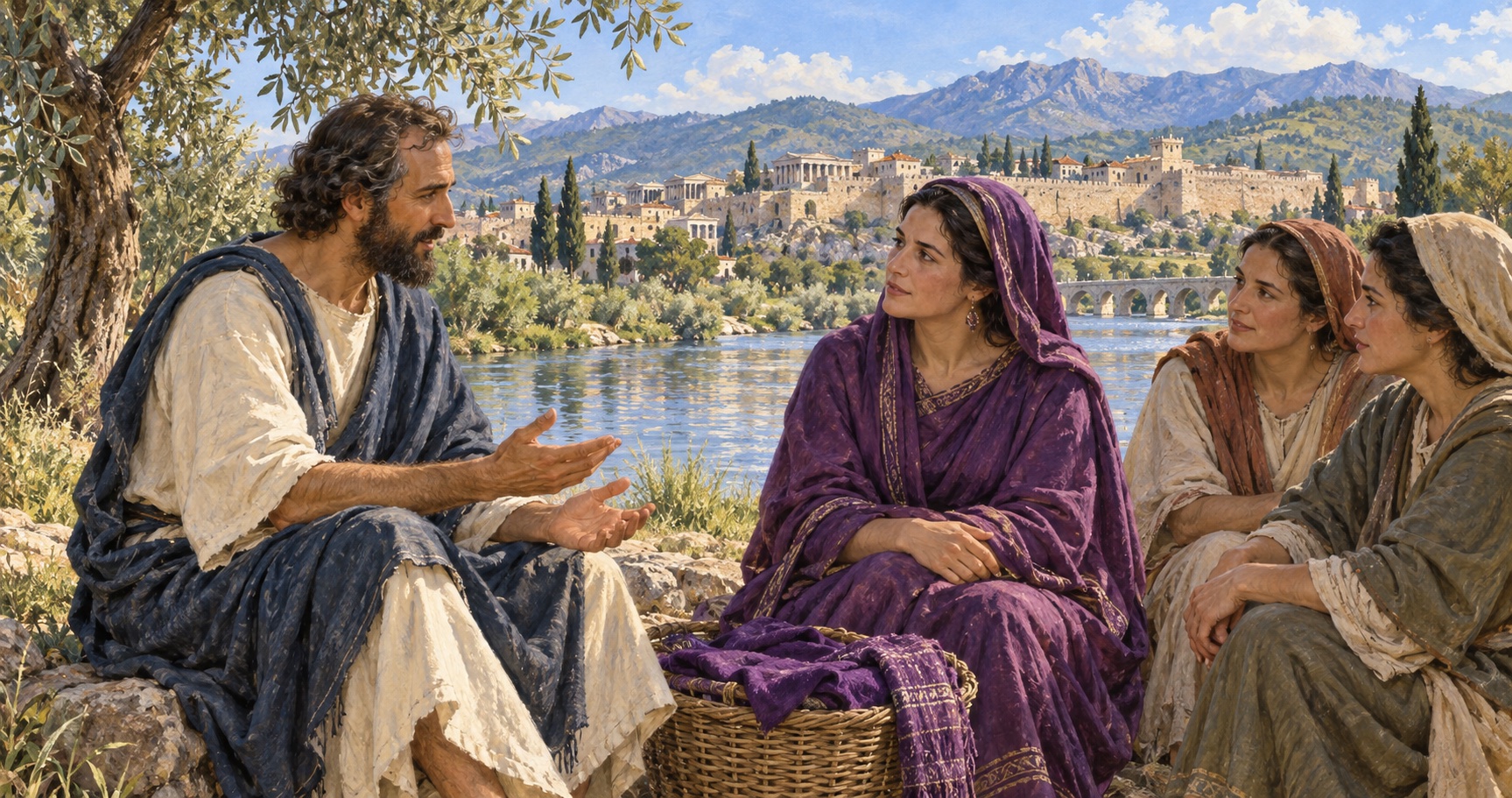 Paul speaking with Lydia, dressed in purple, and other women beside a river outside Philippi.