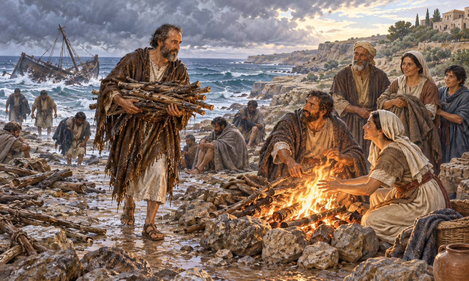 Artist’s reconstruction of Paul and fellow survivors being welcomed around a fire on Malta.