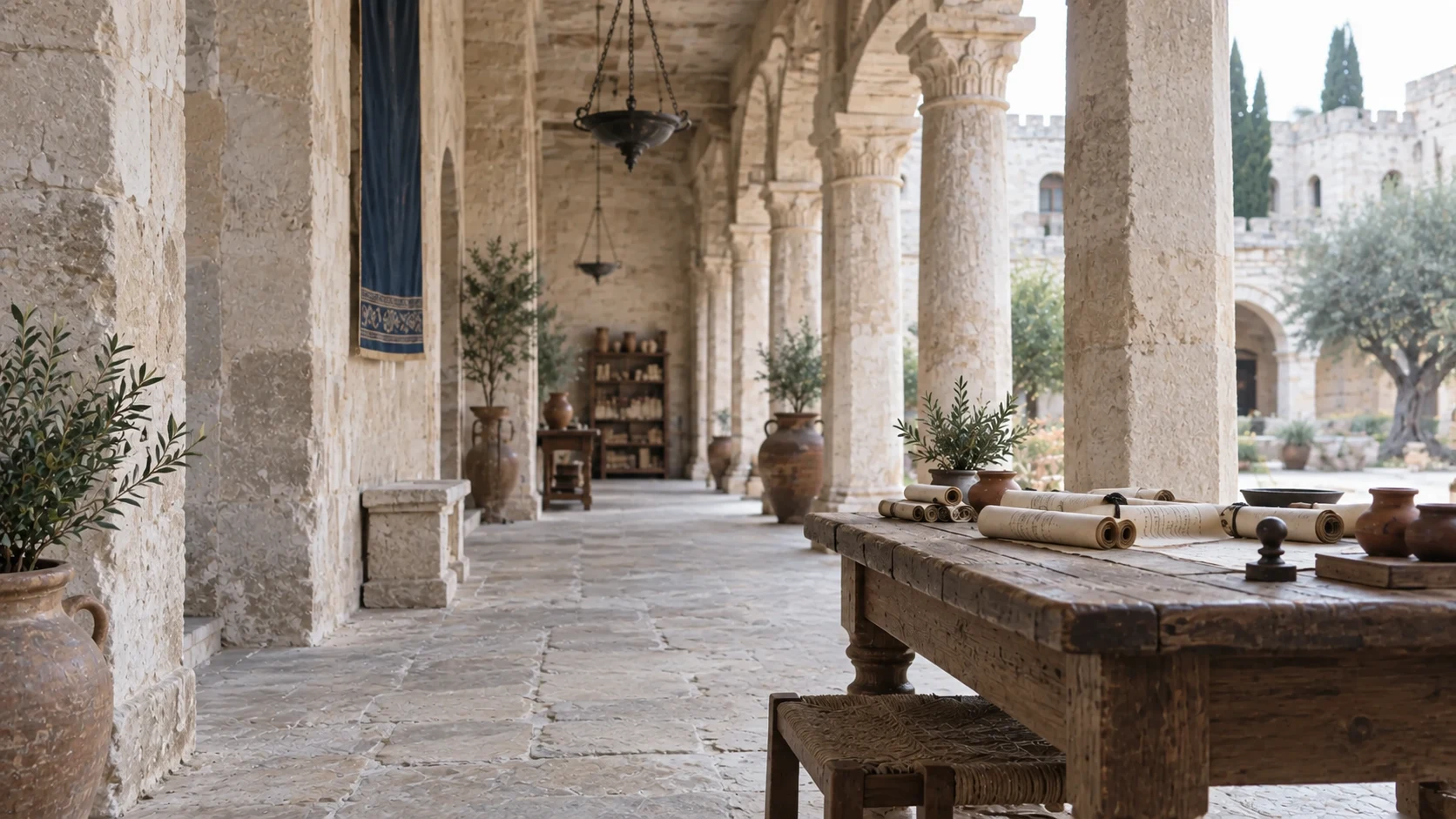 Soft daylight in a limestone palace archive, with scrolls resting on a weathered wooden table.