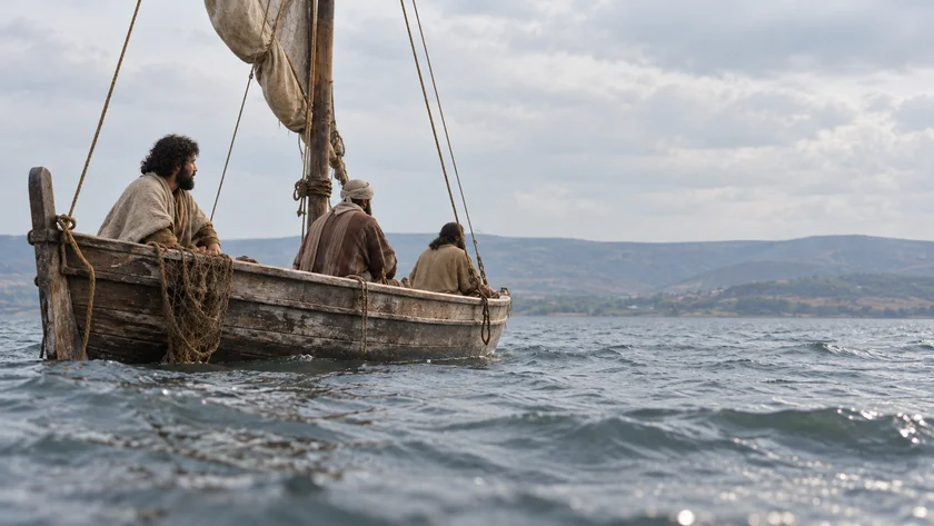 Three travelers in an ancient wooden fishing boat on a lake beneath a pale overcast sky.