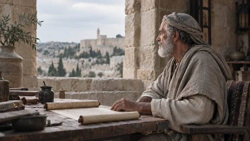 A contemplative scribe with a parchment scroll, looking out over an ancient city in soft daylight.