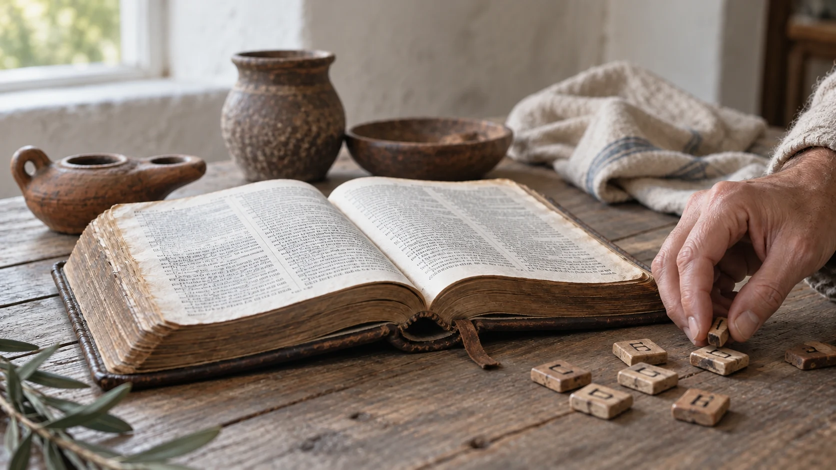 A weathered open Bible and wooden letter tiles in soft window light.