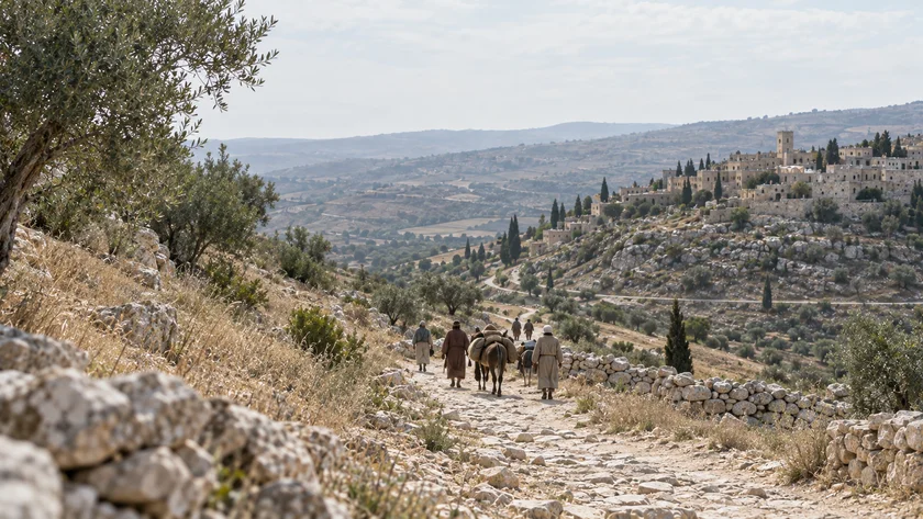 Travelers following a stone path through olive groves toward a hillside village.
